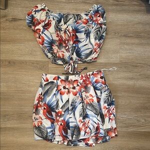 Red and Blue Abstract Floral Two-Piece Set